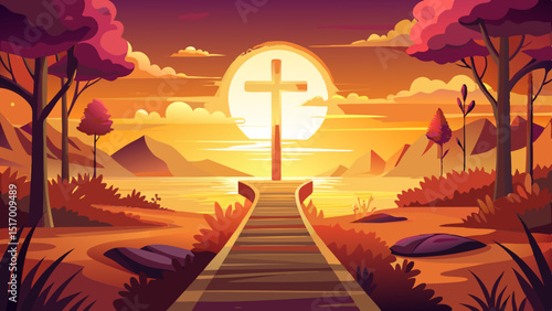 A peaceful path stretches toward the glowing cross at sunset, symbolizing hope and salvation beneath golden skies, ideal for a spiritual vector capturing light and faith.
