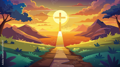 A peaceful path stretches toward the glowing cross at sunset, symbolizing hope and salvation beneath golden skies, ideal for a spiritual vector capturing light and faith.