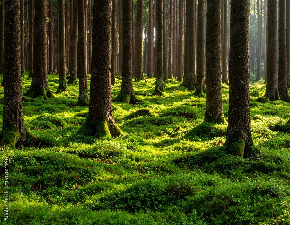 Obraz premium Sunlight filters through a dense forest