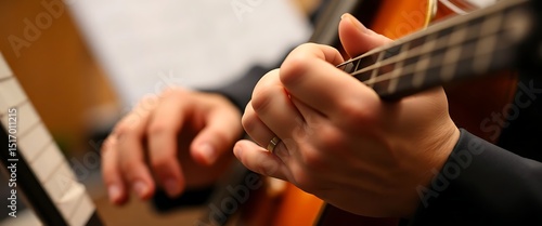 close up of a person playing a guitar