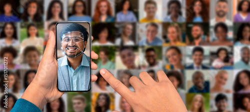 Billede på lærred A person scans their face using a smartphone in a collage of multiple portraits on a screen