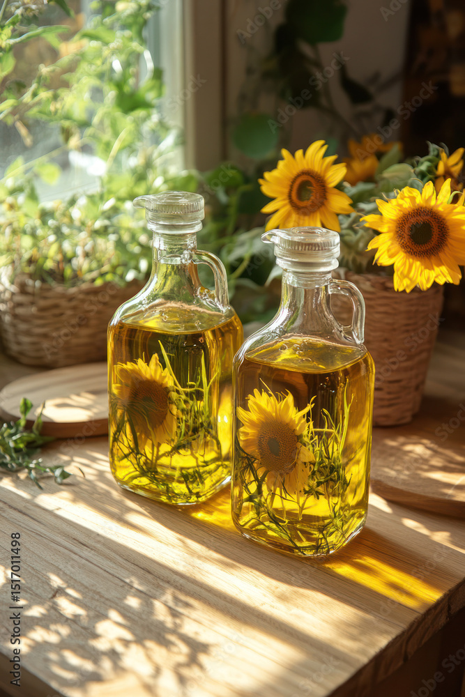 Two clear glass bottles of sunflower oil, adorned with fresh sunflowers and herbs, sit on a light wooden surface by a sunny window Two clear glass bottles of sunflower oil, adorned with fresh sunflowers and herbs, sit on a light wooden surface by a sunny window