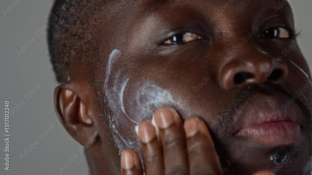 Close up view of young Black man applying moisturizing cream to his facial skin during daily self care routine