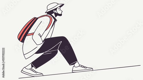 Illustration of a Person Hiking Up a Hill, Adventurous Journey, Travel Illustration