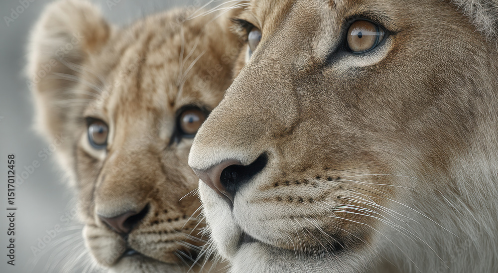 Fototapeta premium Lioness and Cub in Close-Up, Symbolizing Generational Mentorship and Wildlife Conservation, Perfect for Animal Welfare Campaigns