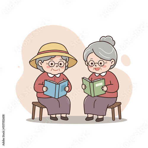 Elderly women reading books while sitting on stools in a cozy setting  