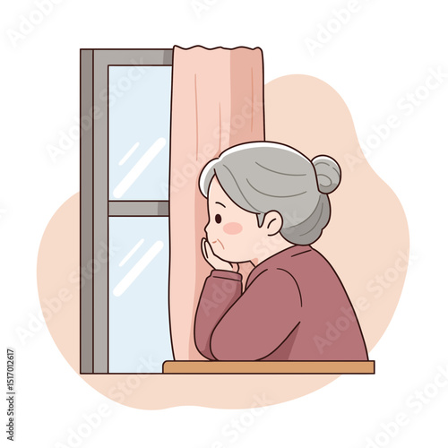 Elderly woman staring out window with thoughtful expression indoors  