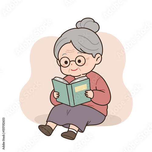 Elderly woman reading book while sitting on the floor at home  