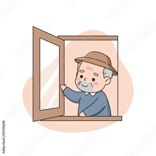 Senior man smiling while leaning out of a window in a cozy setting  