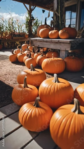 Abundant orange pumpkins displayed for sale at a roadside autumnal market under a rustic wood structure, corn stalks