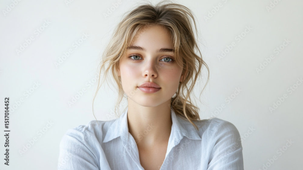 A young woman with natural beauty sits calmly, arms crossed, against a neutral background. Soft lighting enhances her gentle expression and relaxed demeanor in the studio. A young woman with natural beauty sits calmly, arms crossed, against a neutral background. Soft lighting enhances her gentle expression and relaxed demeanor in the studio.