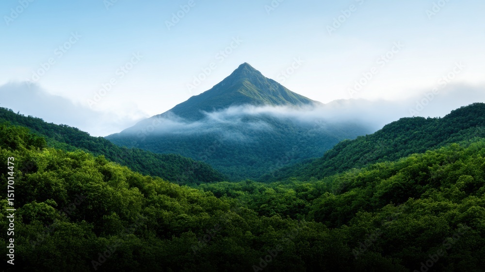 Naklejka premium A stunning mountain peak towers over verdant hills, shrouded in mist. The bright blue sky contrasts with the vibrant greenery, creating a serene landscape that invites exploration.