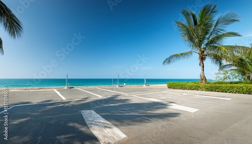 empty beach parking lot with palm trees and ocean view under a clear blue sky perfect tropical getaway scene
