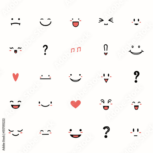 Cute colorful minimalist doodle icon set vector Simple hand drawn faces emotion symbols hearts and punctuation for chat cards and expressions