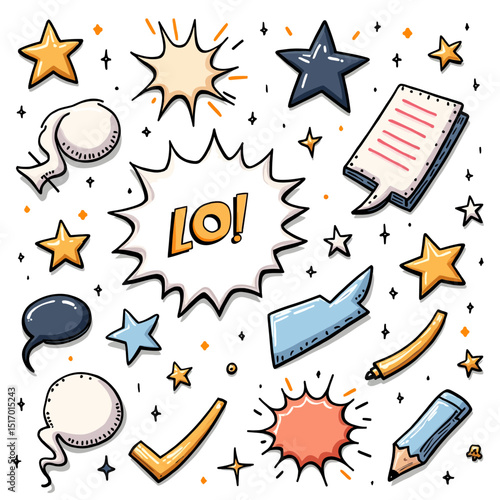 Colorful comic doodle icons vector set Pop art cartoon speech bubbles stars LOL text and starbursts for fun graphic design and sticker elements