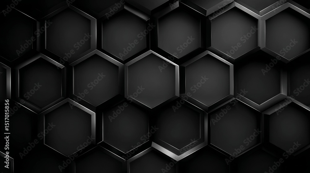 A futuristic pattern of black hexagons serves as a digital technology or honeycomb style abstract background with a dark geometric backdrop, created through 3D rendering A futuristic pattern of black hexagons serves as a digital technology or honeycomb style abstract background with a dark geometric backdrop, created through 3D rendering