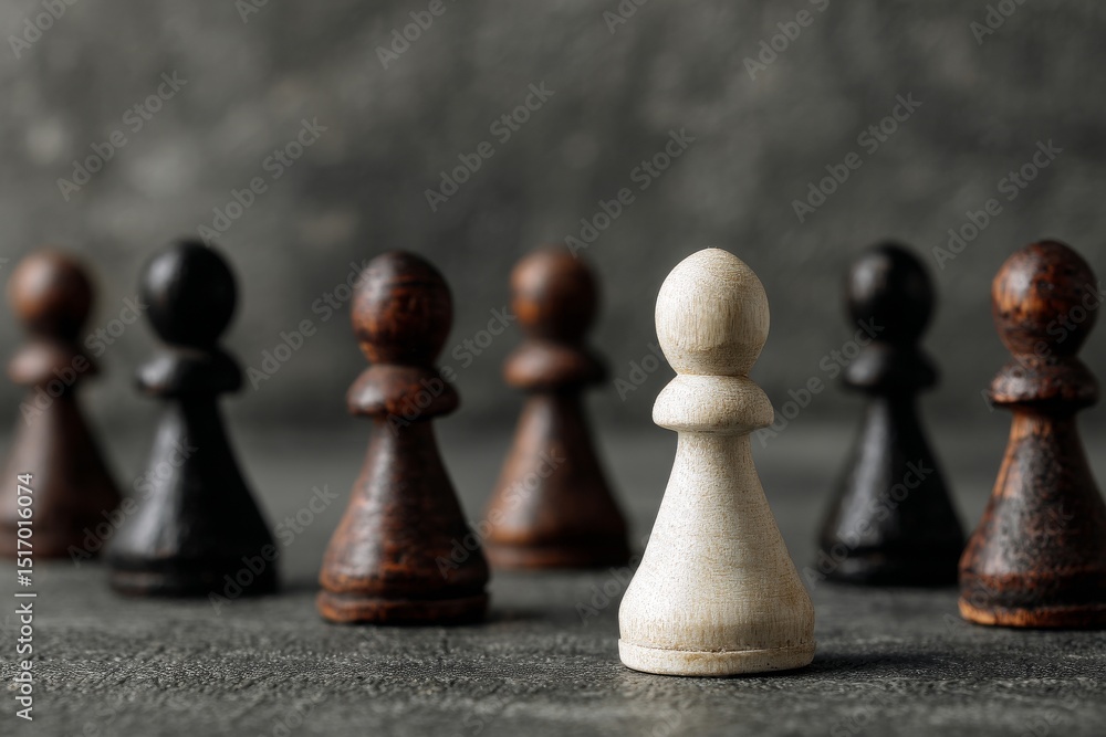 A white pawn in a line, with selective focus, embodies the concept of authenticity and uniqueness A white pawn in a line, with selective focus, embodies the concept of authenticity and uniqueness