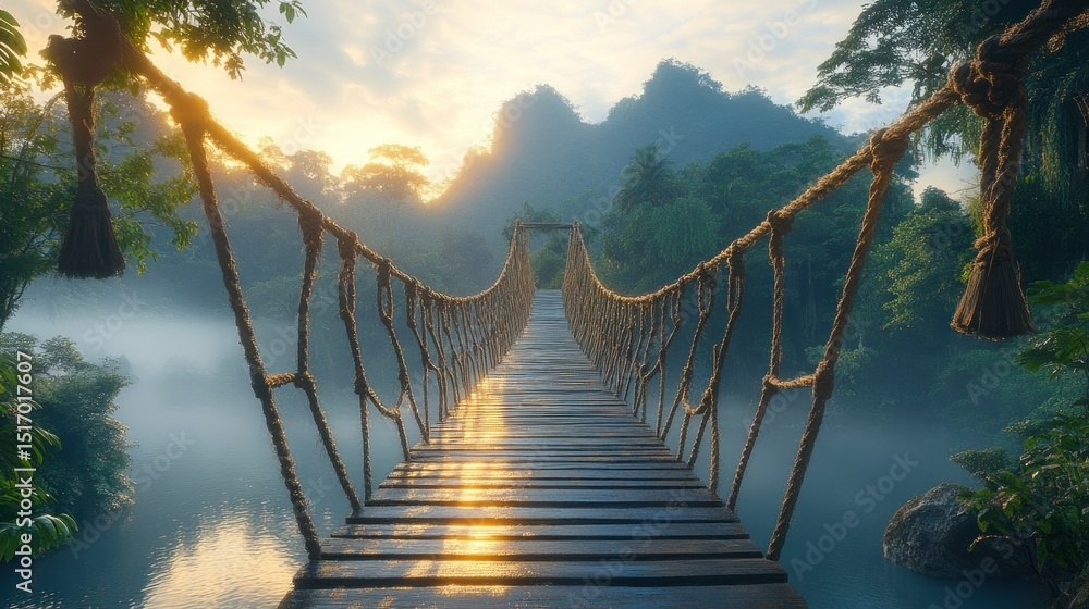 Obraz premium Wooden rope bridge through misty jungle at sunrise