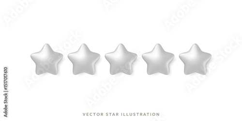 Five glossy silver stars without rating in row for customer review high quality rating system. 3d realistic vector 5 gray star object for feedback, service evaluations in mobile or product rating