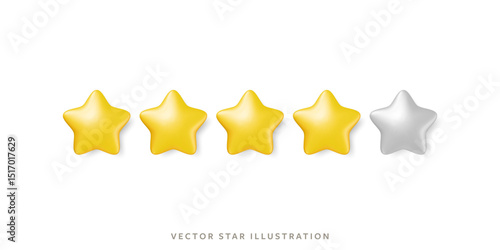 Four glossy gold stars in row for customer review representing high quality rating system. 3d realistic vector 5 yellow star object design for feedback, service evaluations in mobile or product rating