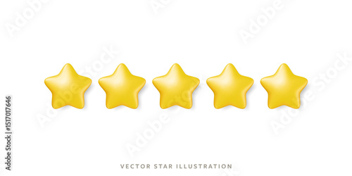 Five glossy gold stars in row for customer review representing a high quality rating system. 3d realistic vector yellow star object design for feedback, service evaluations in mobile or product rating