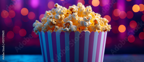 a paper cup filled with popcorn, placed in front of a blurred background featuring purple and orange bokeh lights, creating a movie theater or party atmosphere