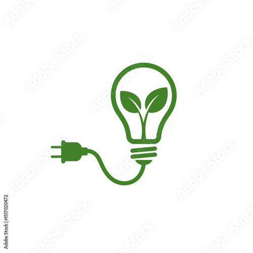 A green light bulb with a leaf in the center and an electrical outlet