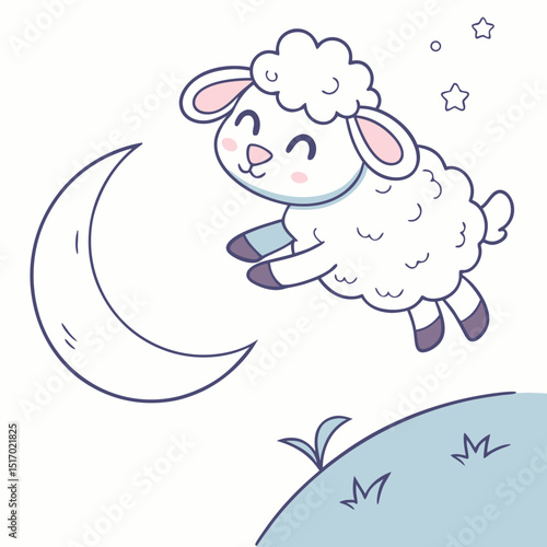 Adorable cartoon lamb leaping playfully towards a crescent moon under a starry night sky a perfect scalable graphic for children's book illustrations branding projects or logo designs