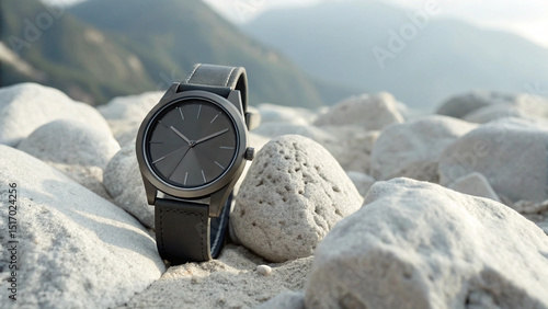 Minimalist Black Dial Titanium Watch Resting on Light Gray Stones