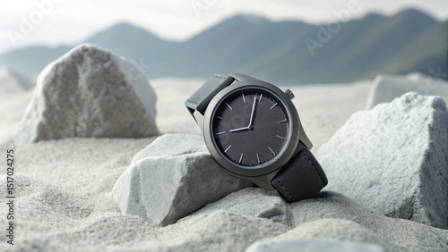 Durable Titanium Timepiece with Rubber Strap Displayed on Rocky Terrain