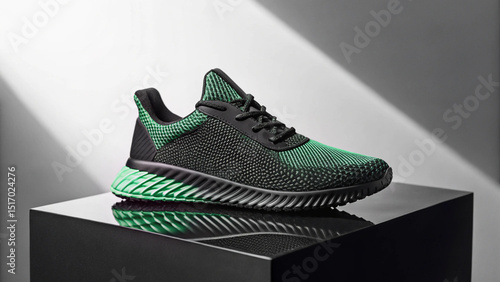 Modern Athletic Shoe Mockup on Reflective Black Plinth with Minimalist Grey Background
