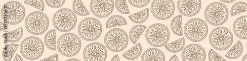 Seamless citrus fruit patterns. Citrus background or wallpaper.
Lemon, orange, grapefruit slices. Packaging layout design. Flat linear vector illustration.