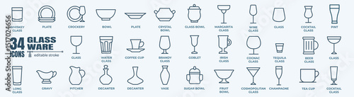 Glass ware, dish and Tableware minimal thin line web icon set. Outline editable icons collection. Simple vector illustration.