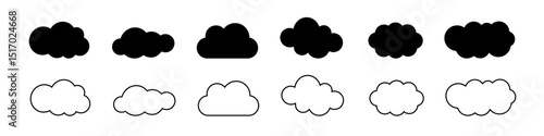 Set of black linear and silhouette clouds, various shapes of cloud outline.
Vector illustration.