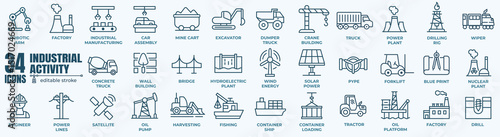 Industry and production line icons collection. Factory, energy, manufacture, tools icons. Editable line vector icons