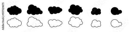 Set of black linear and silhouette clouds, various shapes of cloud outline.
Vector illustration.