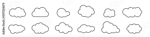 Set of black linear web clouds, different shapes of outline clouds.
Vector illustration.
