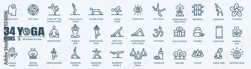 Yoga icon and yoga pose set - graphic design elements in outline style for spa center or yoga studio. Set of line logos and symbols. Vector illustration.