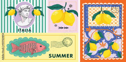 Summer. Italy. Amalfi. Vector illustration of Mediterranean Italian tile with seagull, lemons, sardine fish, antique bust, mango pattern for poster, card or background