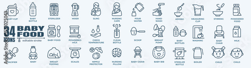 Baby food and drink icons, such as bottle, jar, powder, cereal and more. Editable stroke.