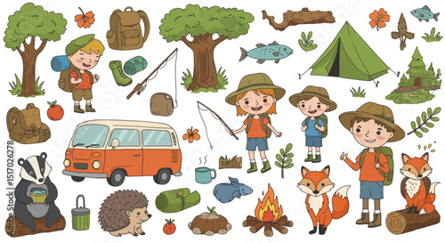 Cute Kids Camping – Flat Vector Illustration of Summer Camp, Hiking, Fishing, Forest Animals & Outdoor Equipment