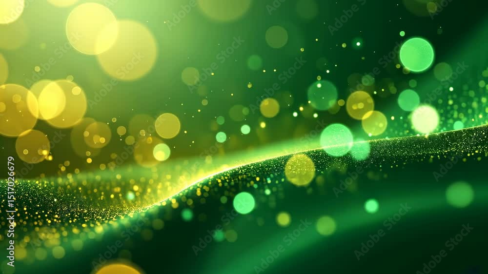 Golden and green bokeh particle flowing in abstract wave motion creating glittery sparkle effect. Magical light display. Use for celebration and luxury promotion