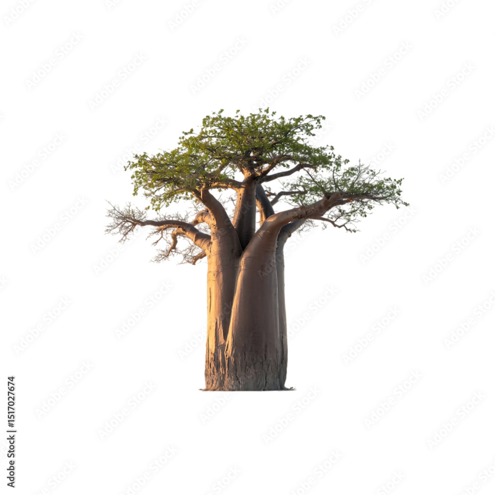Fototapeta premium Ancient baobab bathed in golden light a symbol of resilience and time on transparent background