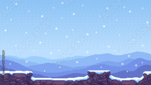 8-bit pixel art game level background. 2D side-scrolling video game. snowy mountains. pixel snowflakes. snow-covered rocks. vector graphics.