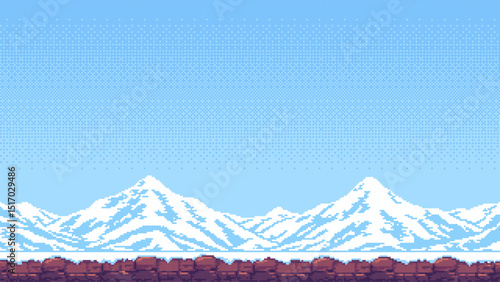 8-bit pixel art winter game level background. snowy mountains. simple and minimalistic. side-scrolling game. vector graphics. 