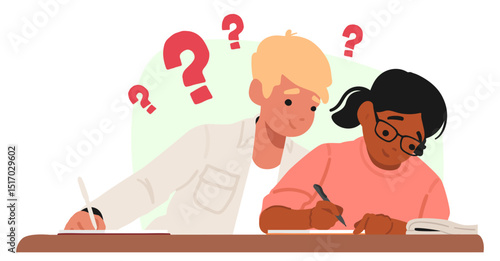 Puzzled school boy having problem with knowledge cheating answers from girl classmate scene