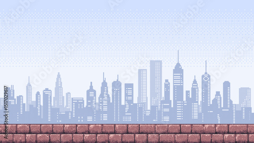 8-bit pixel art, 2D video game. vector background. empty city skyline. old video game aesthetic. video game assets. retro gaming style. 