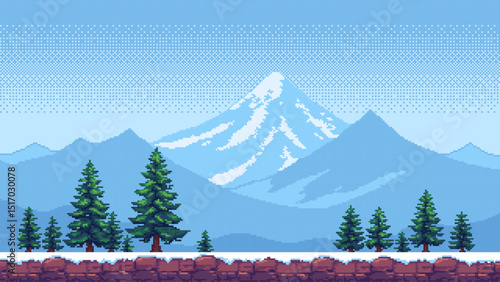 8-bit pixel art winter game level background. snowy mountains landscape. side-scrolling game. vector graphics. pine trees. video game design. 