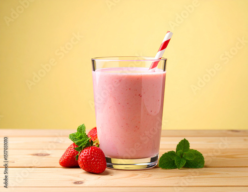 Wallpaper Mural Un batido de fresa en un vaso de cristal con pajita sobre una mesa de madera con fresas y fondode color  amarillo Torontodigital.ca