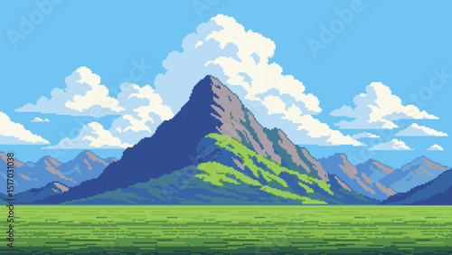 8-bit pixel art game level background. high mountain landscape. 2D retro video game style. side-scrolling game. vector graphics.  blue sky with white clouds. 